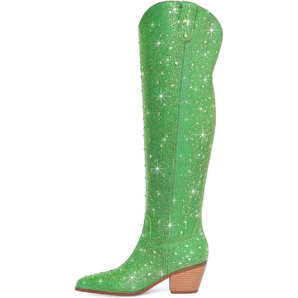 Women Green Faux Leather Sparkly Bling Rhinestone Over the Knee Cowboy Boots